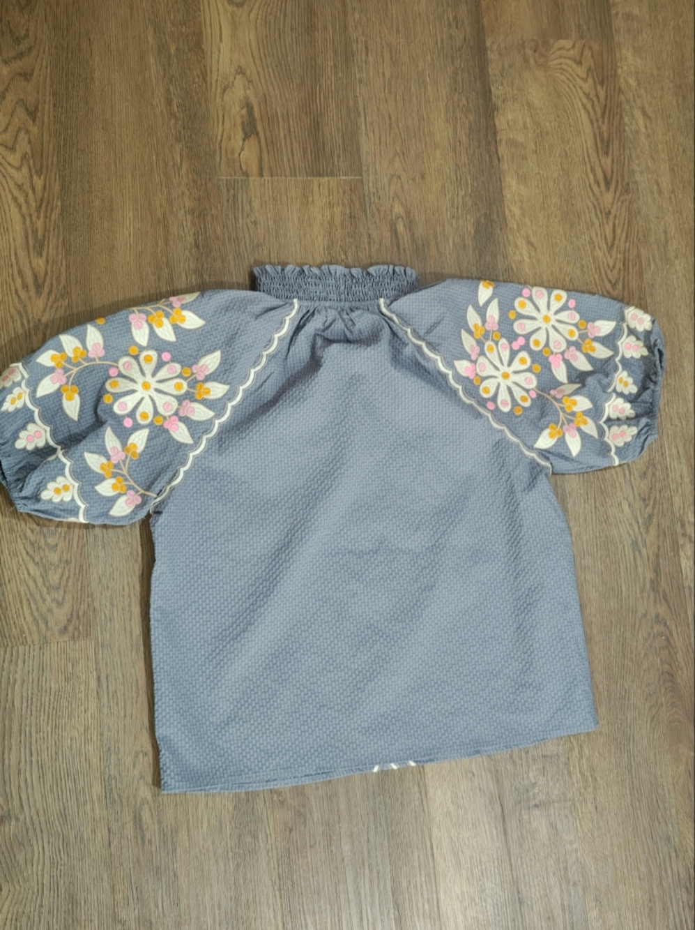 Blue Embroidered Puff-Sleeve Top - Picture 4 of 12